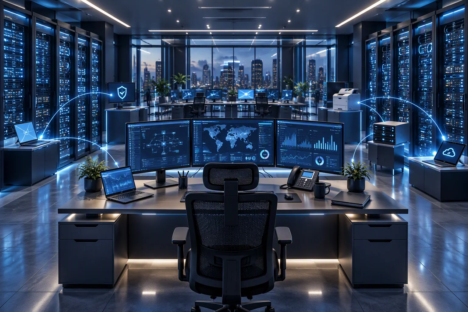 Illustrative enterprise IT operations environment with servers and connected devices